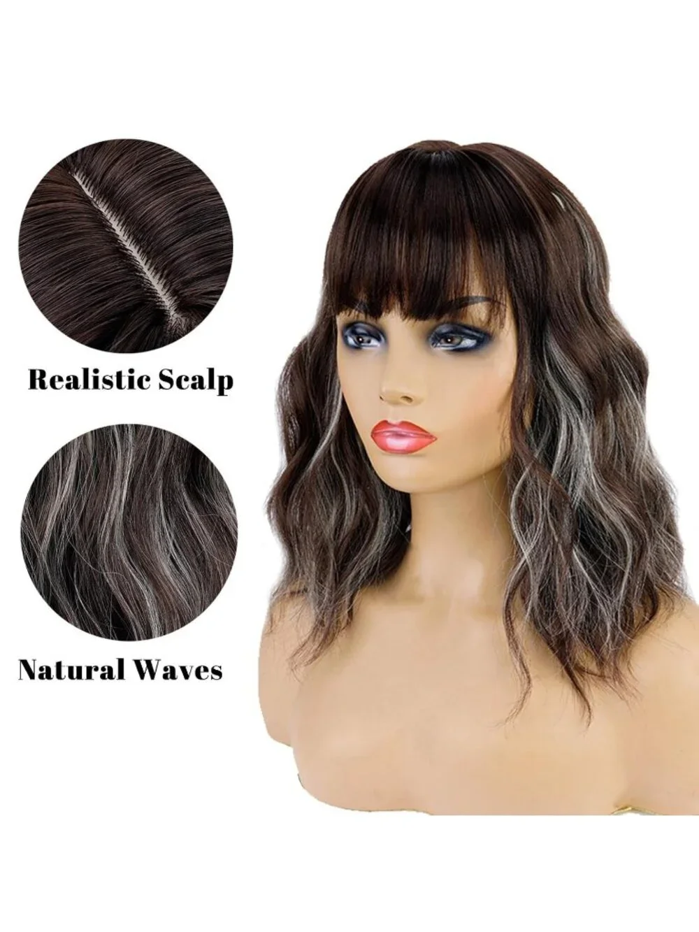 Women Brown Mixed Blonde 14 Inch Heat Resistant Short Bangs Bob Modern Wavy Wigs